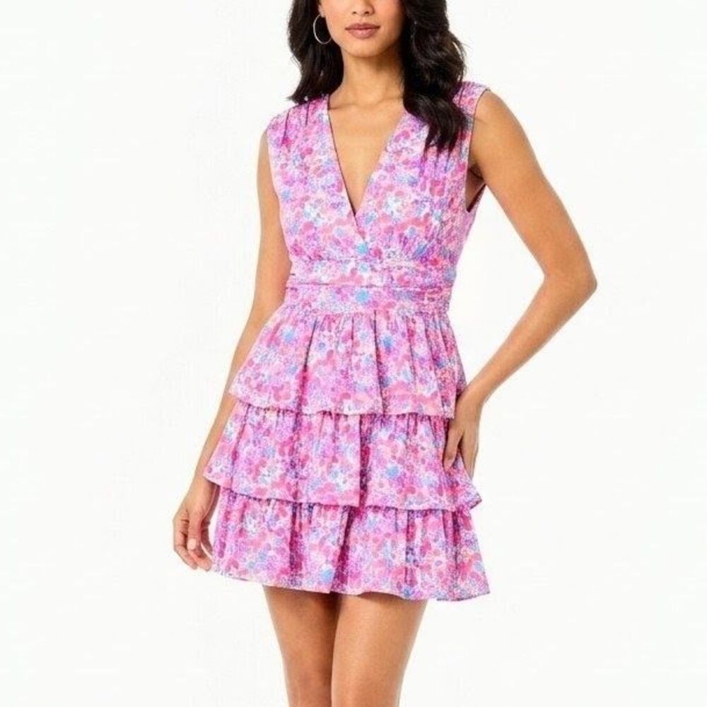 LILLY PULITZER Dress Faye V-Neck Ruffles Aura Pink Baby Bloomer Women XL NEW NWT